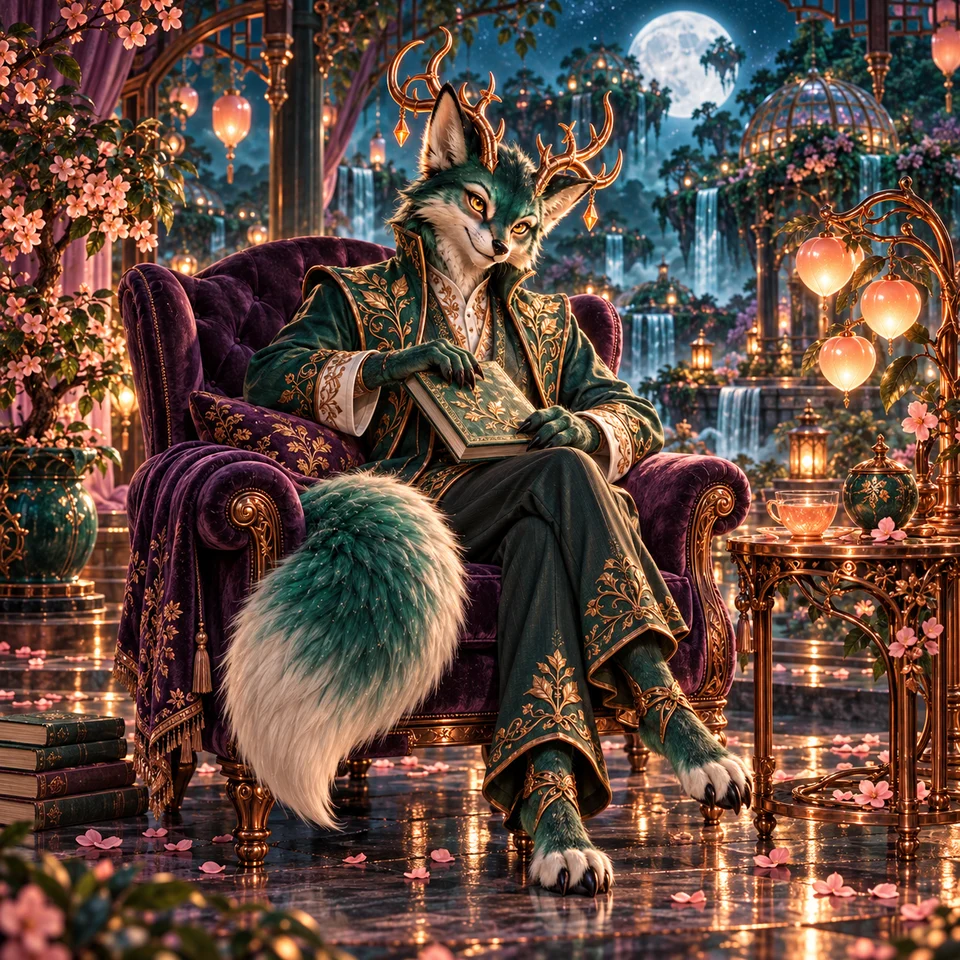 Rowan closes his book and relaxes in an amethyst armchair beside a peach lantern